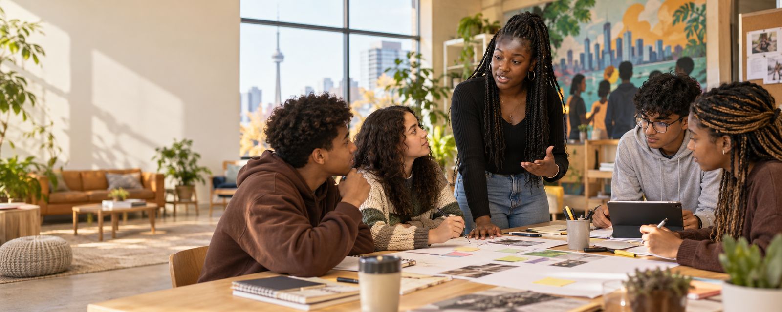 Black youth collaborating around a table covered in project notes